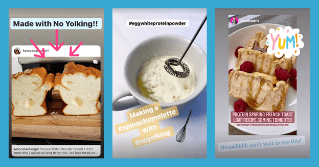 Social media photos of recipes made with No Yolking Egg White Protein Powder