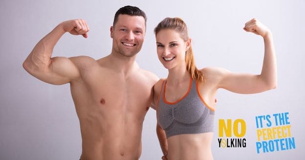A man and woman flexing muscles