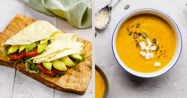 Image grid of no Yolking wraps and soup