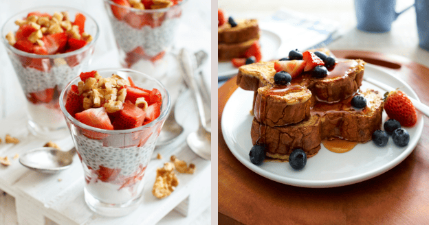 An image grid of a yogurt parfait and french toast